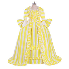 18th Century Rococo Striped Dress - Yellow and White with Ruffles and Pleats by Coscomos - Coscosmos