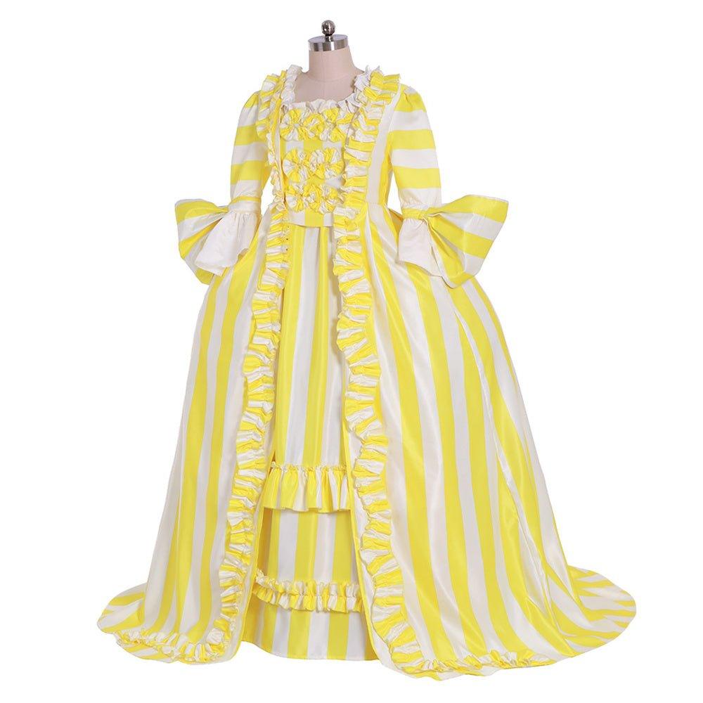 18th Century Rococo Striped Dress - Yellow and White with Ruffles and Pleats by Coscomos - Coscosmos