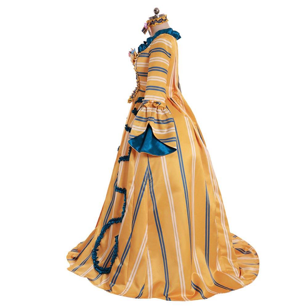 18th Century Rococo Yellow Wedding Gown - Striped Elegance with Blue Florals - Coscosmos