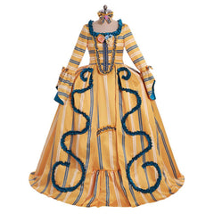 18th Century Rococo Yellow Wedding Gown - Striped Elegance with Blue Florals - Coscosmos