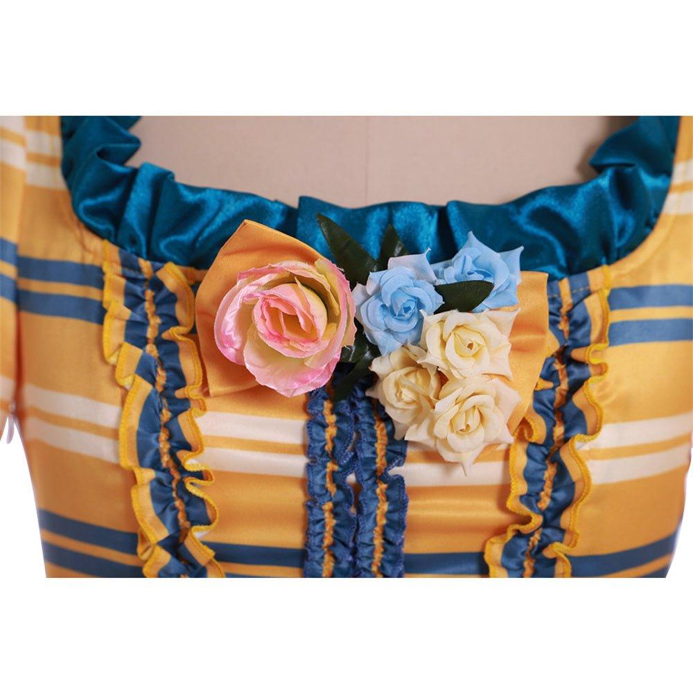 18th Century Rococo Yellow Wedding Gown - Striped Elegance with Blue Florals - Coscosmos