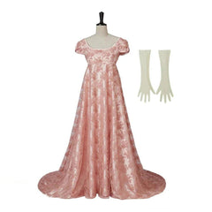 18th Century Women's High Waistline Pink Dress with Gloves - Timeless Elegance for Any Occasion - Coscosmos