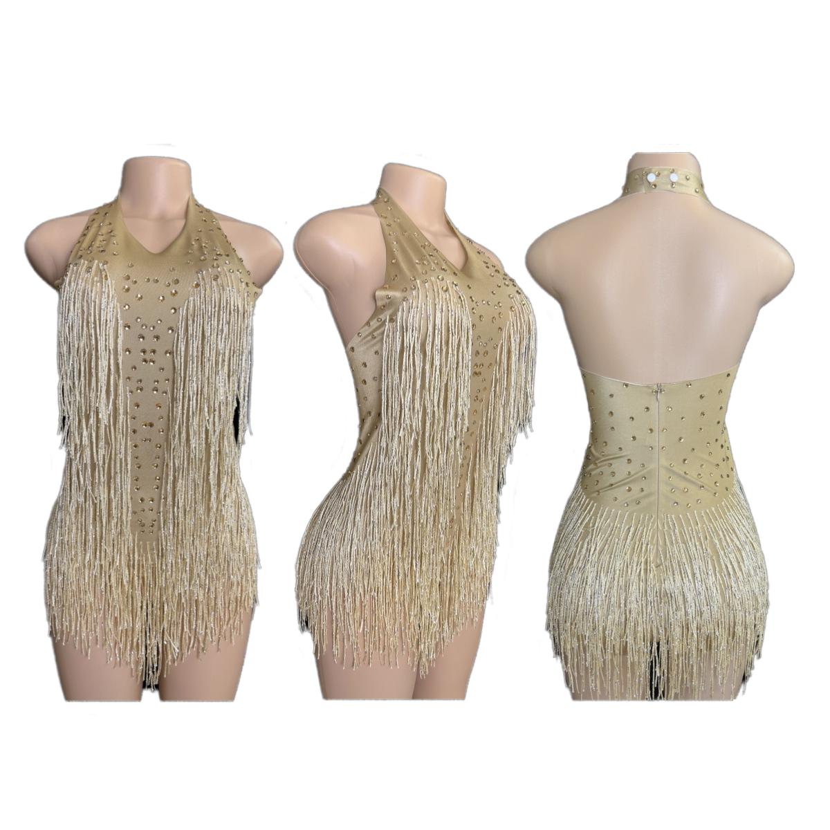 Latin Dance Halter Bodysuit with Fringe and Rhinestones - White Dance Performance Costume for Women - Halloweez