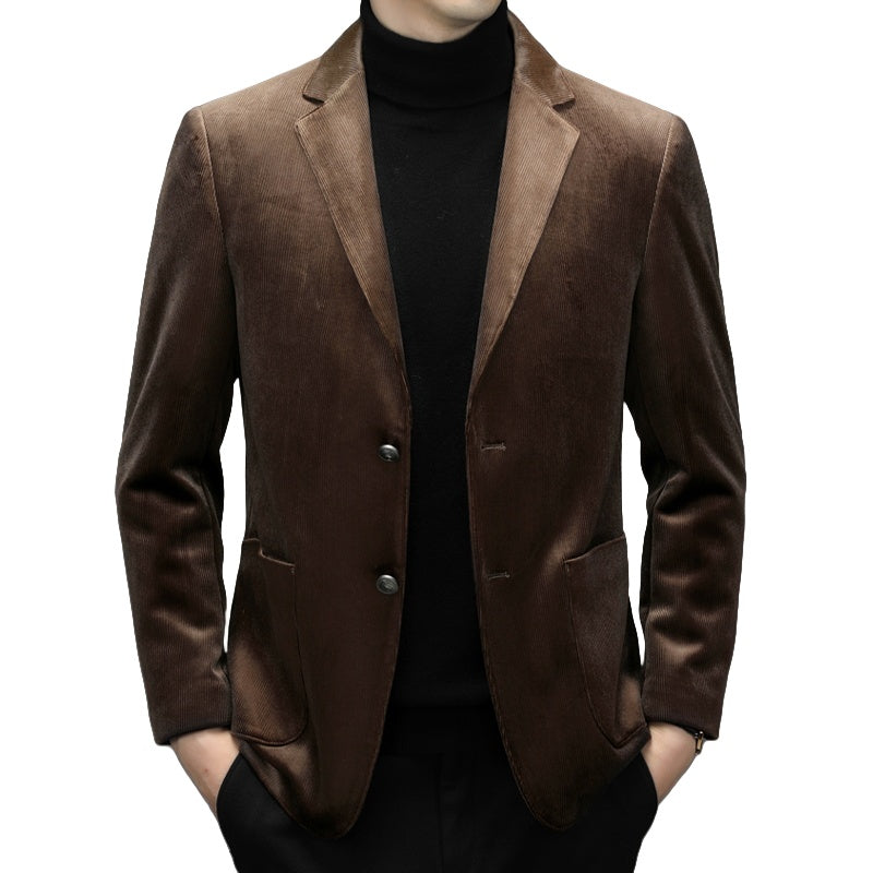 Men's Corduroy Casual Blazer New Trend High-end Single Suit Jacket Autumn Spring Gold Velvet Small Suit - Halloweez