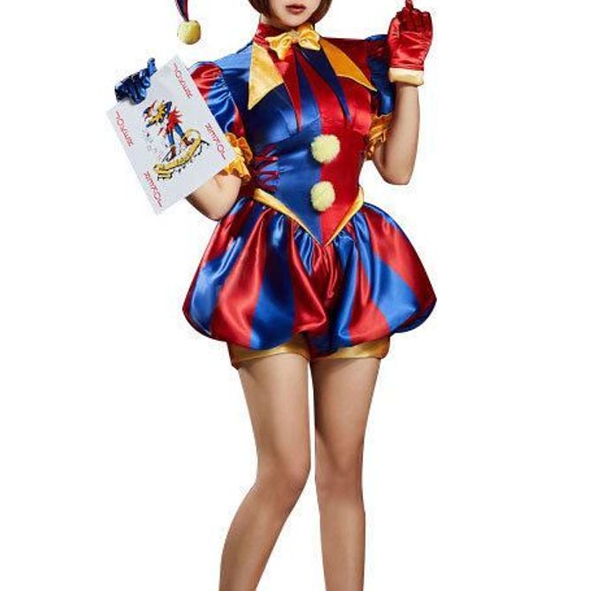 Harley Quinn Jester Costume - Red & Blue Clown Cosplay Outfit with Hat Gloves Socks for Halloween - Halloweez