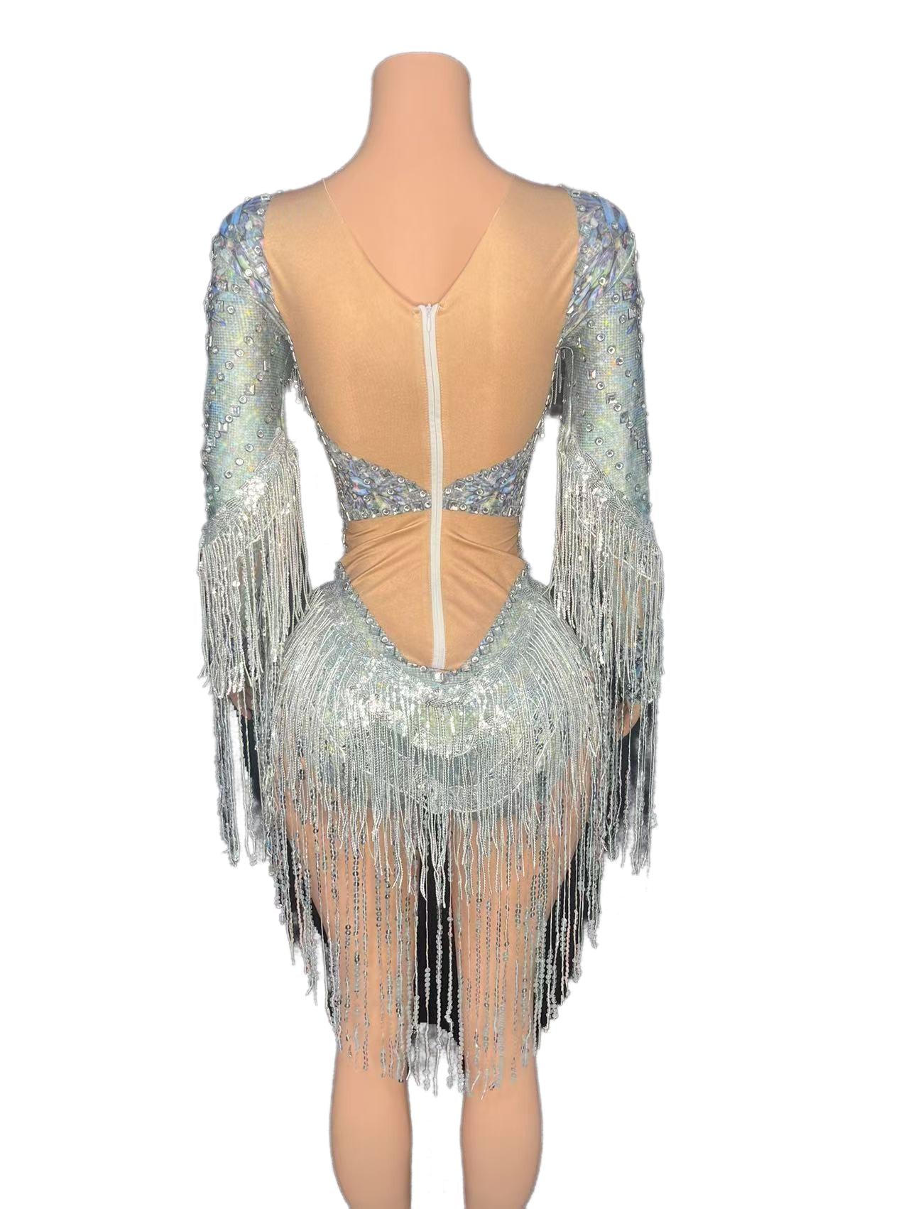 Sexy Sheer Mesh Stage Costume for Live Performance - Silver T-Show Fashion Outfit for Bar Singers, Band Performances & Livehouse Events - Halloweez