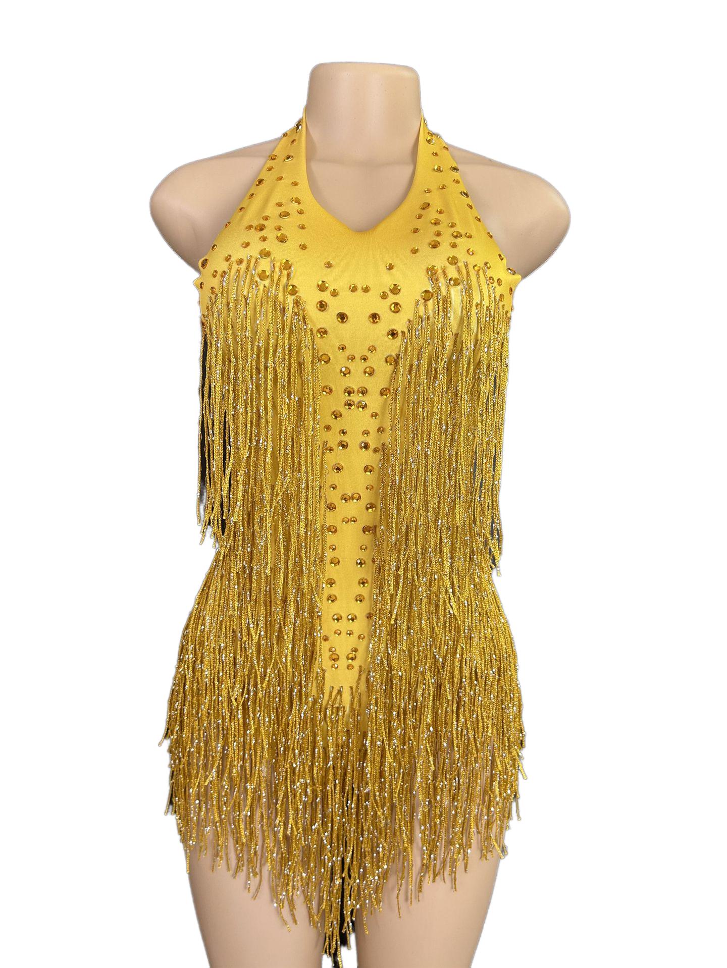 Latin Dance Halter Bodysuit with Fringe and Rhinestones - White Dance Performance Costume for Women - Halloweez