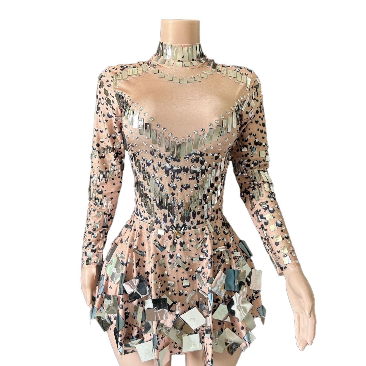 Nofans Spring Long Sleeve Slim A-Line Short Hem Diamond Lens Halter Backless Evening Gown Sexy Cosplay Dress - Halloweez
