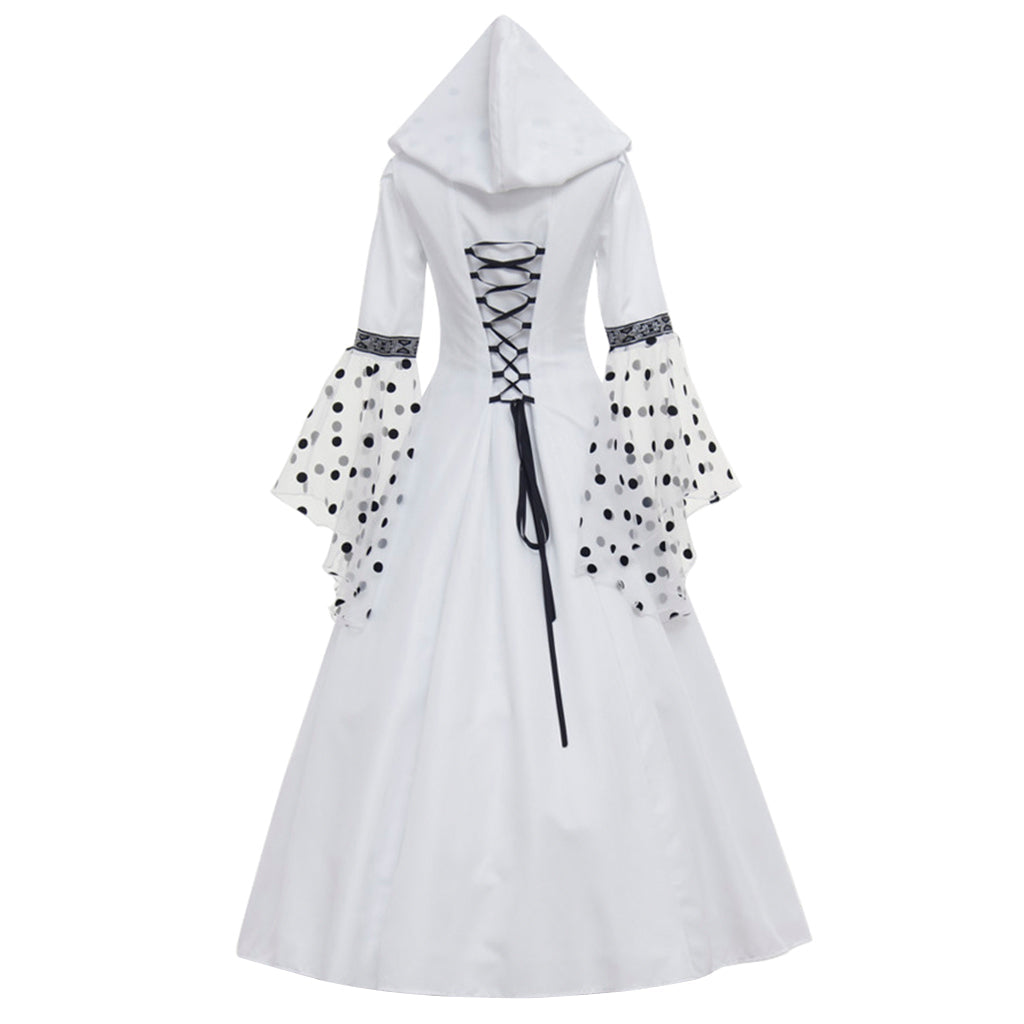 Robe blanche élégante à pois et capuche style gothique steampunk pour Halloween, pour événements médiévaux victoriens et renaissance