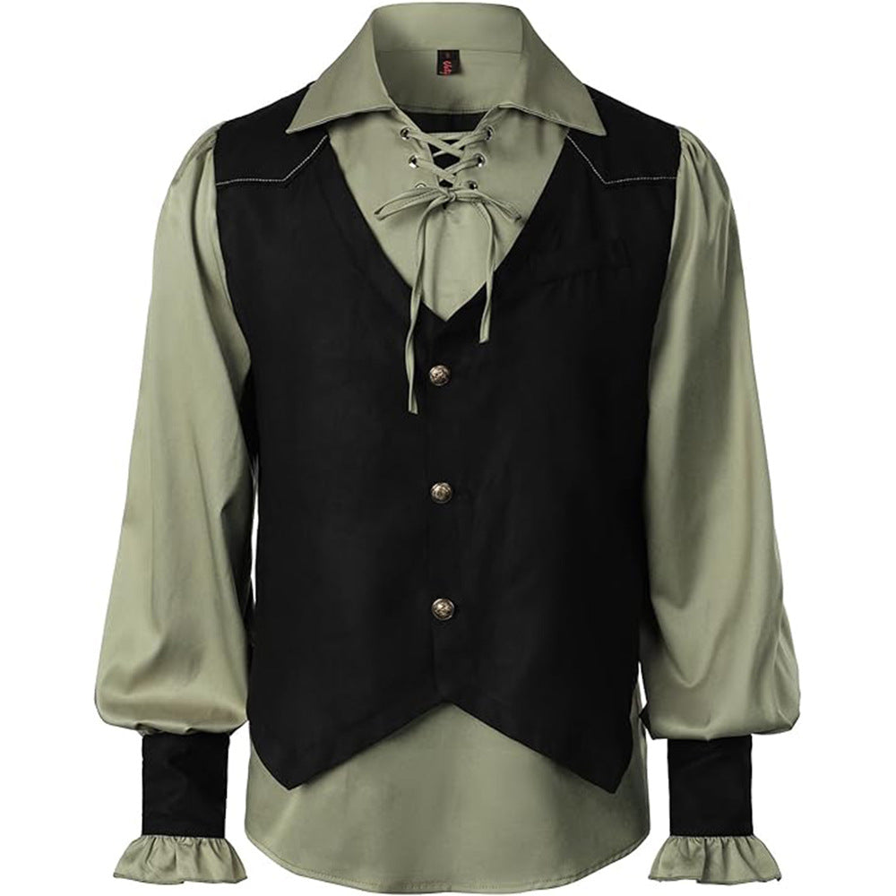 Medieval Pirate Victorian Steampunk Gothic Long Sleeve Vest Shirt Halloween Costume - Halloweez