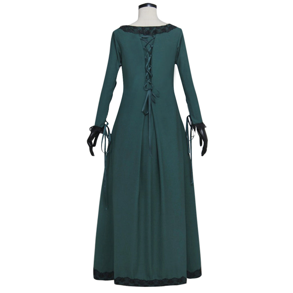 Elegante vestido medieval renacentista irlandés: disfraz de cosplay de sobrevestido verde oscuro de Halloweez