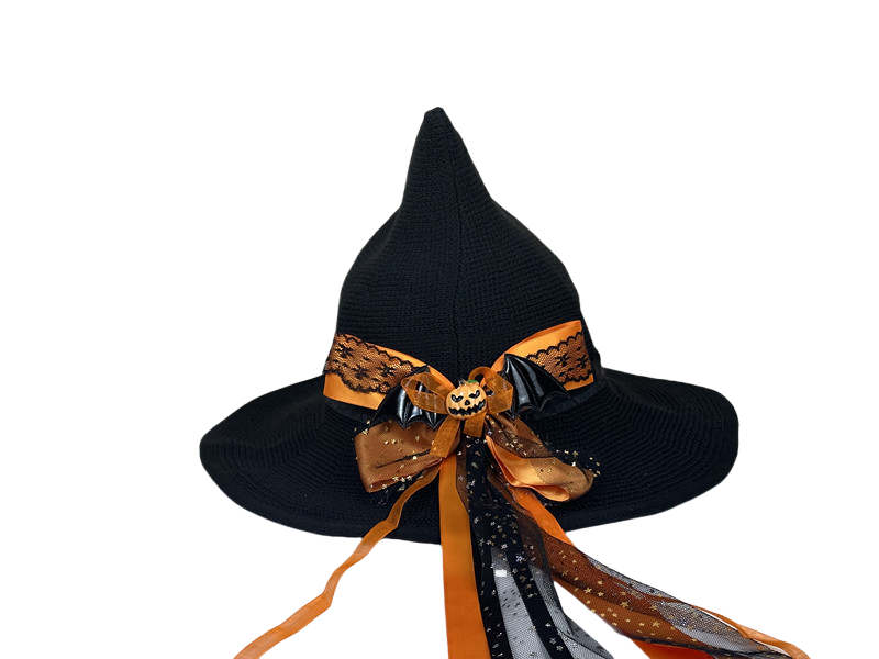 Halloween Bow Pumpkin Decoration Cotton Gauze Witch Hat Wide Brim Halloween Witch Hat Head Accessories - Halloweez