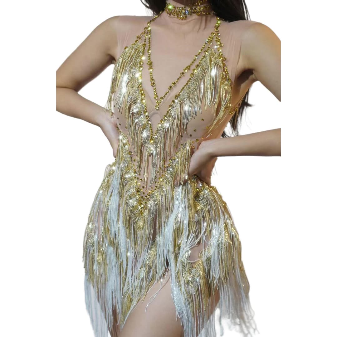 Fringe Sequin Jazz Dance Performance Dress - Golden Latin Disco DJ Dance Costume for TikTok Live Shows and Parties - Halloweez