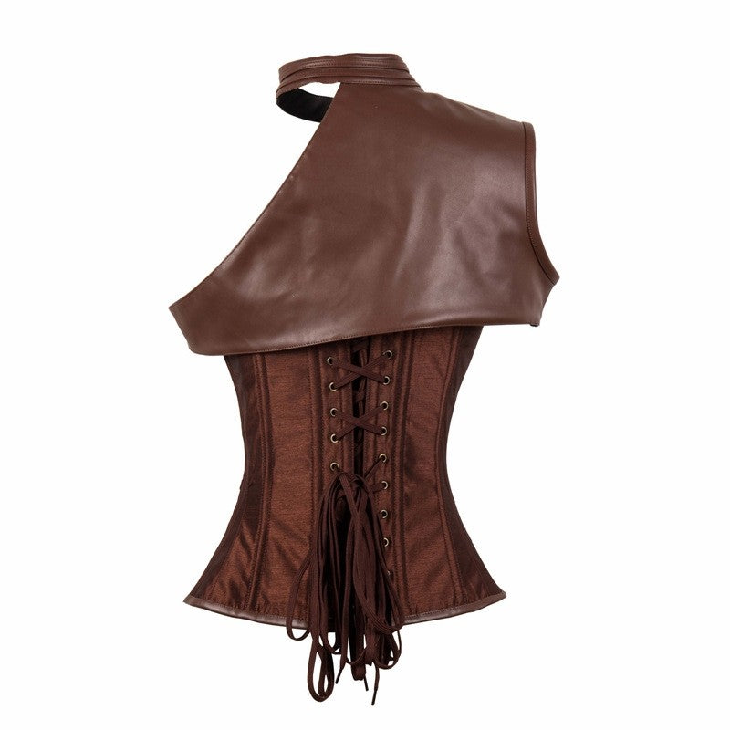 Medieval Dark Gothic Style Crusader Knightess Corset Top - Leather Look Bustier with Lace-Up Front and Adjustable Straps for Cosplay Costumes - Halloweez