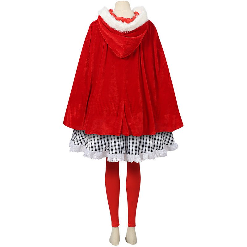 2024 European Halloween Black and White Checked Cloak Dress Set for Festive Events - Halloweez