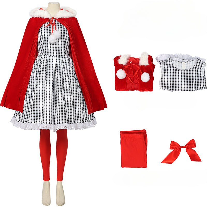 2024 European Halloween Black and White Checked Cloak Dress Set for Festive Events - Halloweez