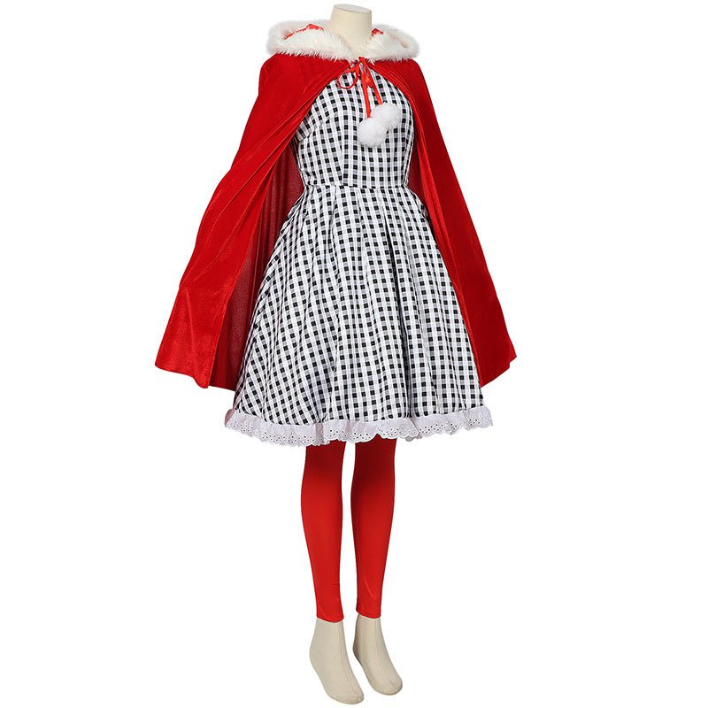 2024 European Halloween Black and White Checked Cloak Dress Set for Festive Events - Halloweez