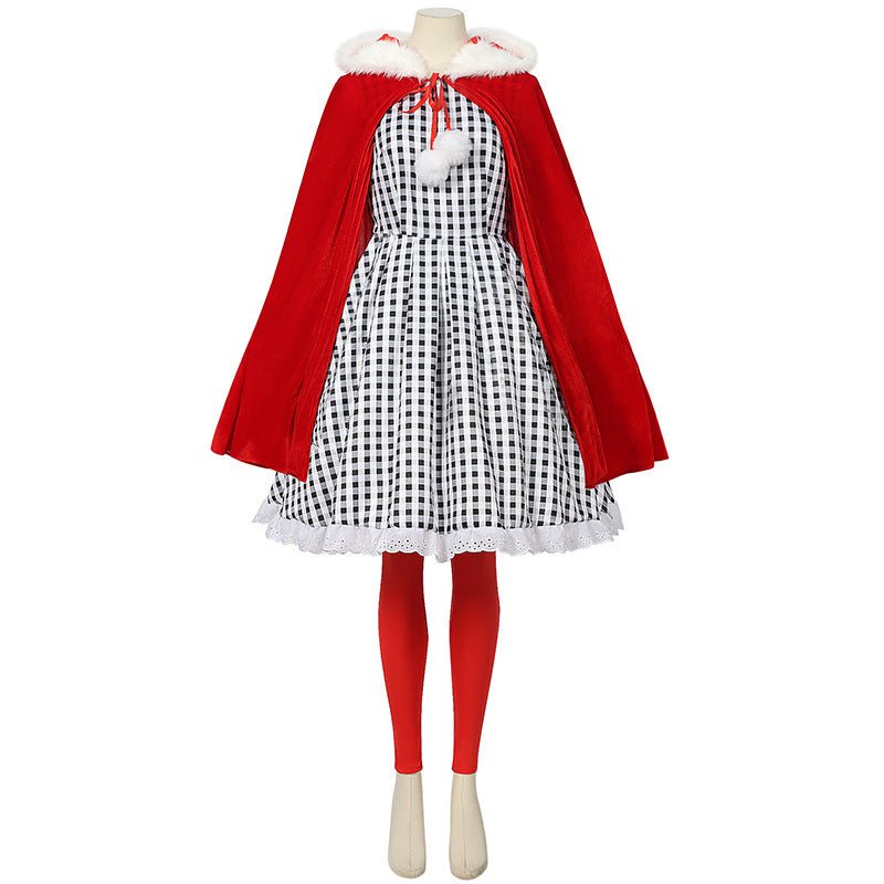 2024 European Halloween Black and White Checked Cloak Dress Set for Festive Events - Halloweez