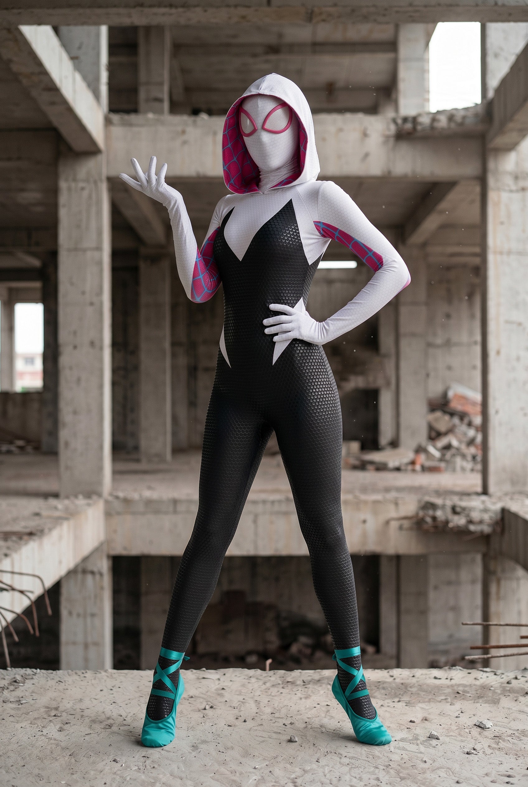 Upgraded Gwen Stacy Spider-Verse Cosplay Outfit, Color Block Embossed Full Set, Customizable Shoes - Halloweez