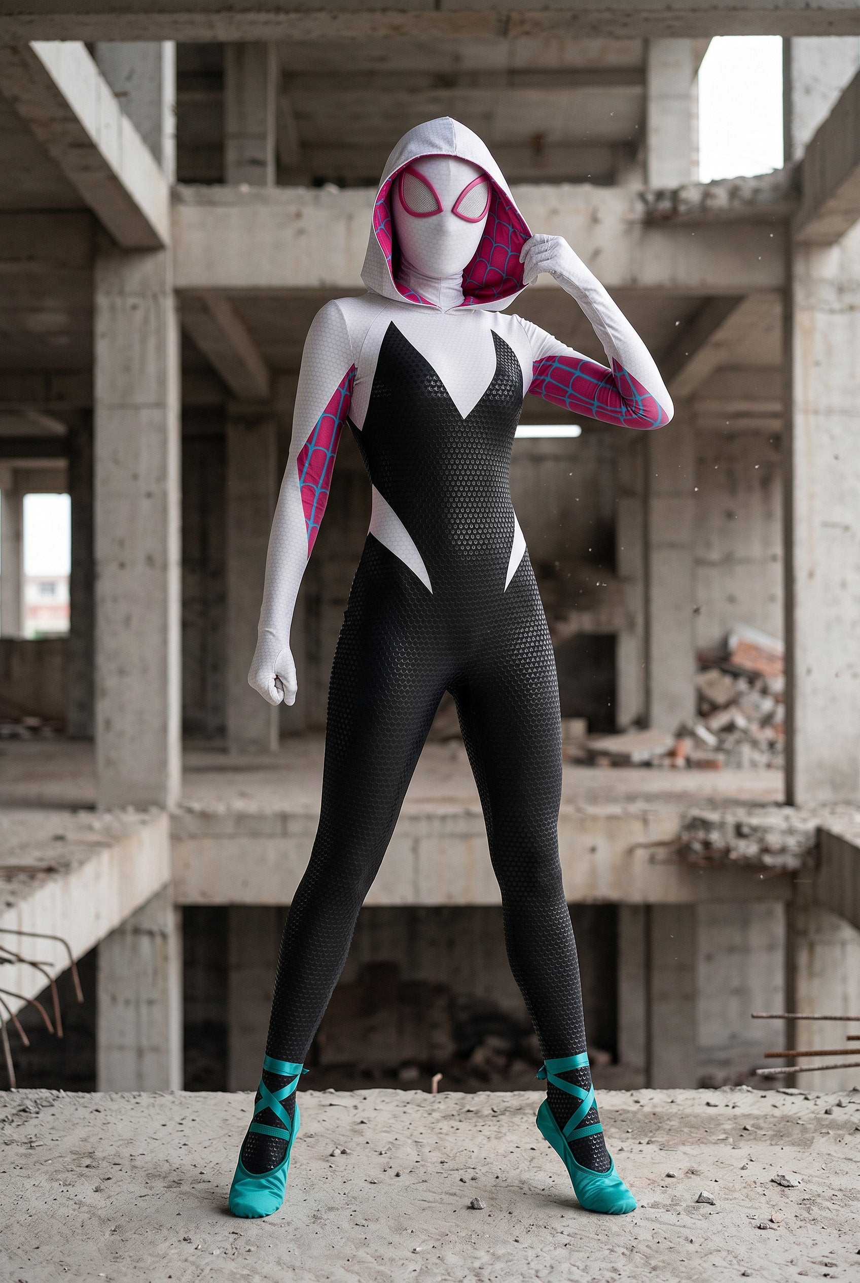 Upgraded Gwen Stacy Spider-Verse Cosplay Outfit, Color Block Embossed Full Set, Customizable Shoes - Halloweez