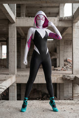 Upgraded Gwen Stacy Spider-Verse Cosplay Outfit, Color Block Embossed Full Set, Customizable Shoes - Halloweez