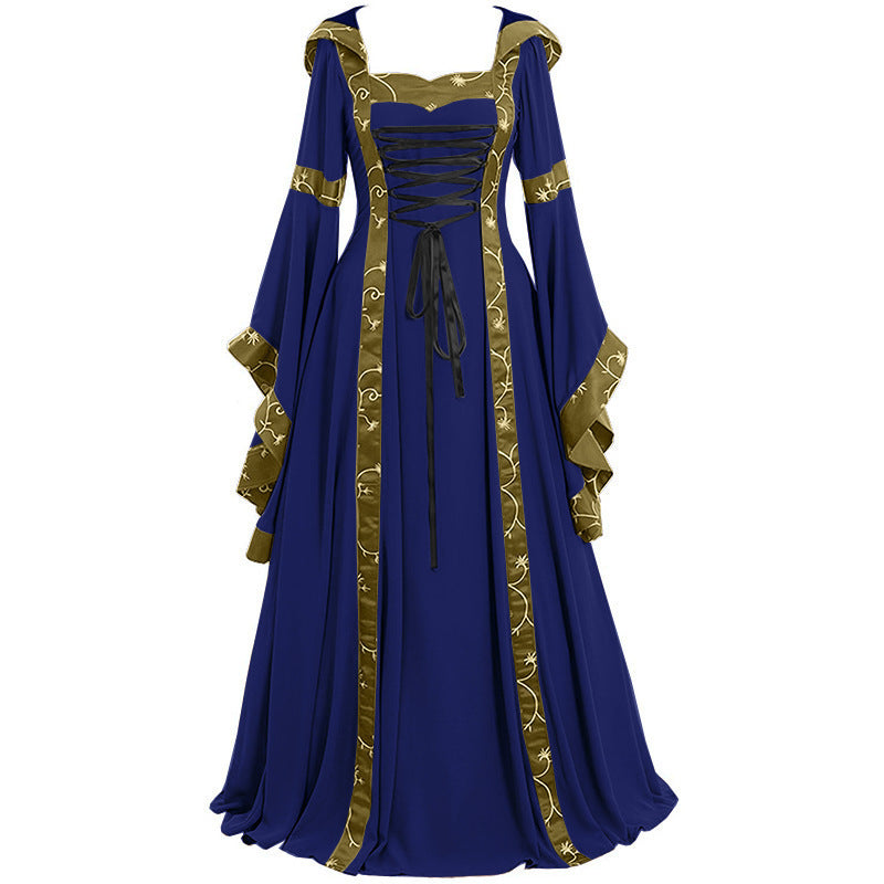 Medieval Gothic Victorian Retro Renaissance Dress with Hood and Lace-up for Women - Halloweez