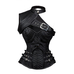 Medieval Dark Gothic Style Crusader Knightess Corset Top - Leather Look Bustier with Lace-Up Front and Adjustable Straps for Cosplay Costumes - Halloweez