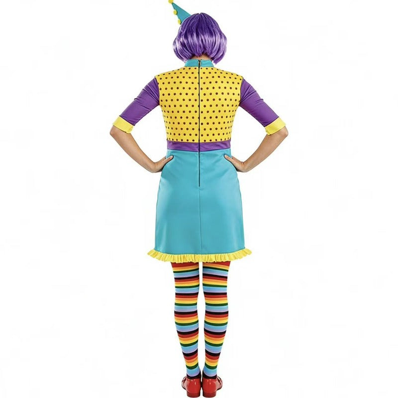 Women’s Colorful Clown Cosplay Costume – Vibrant Polka Dot Dress & Wig Set for Halloween, Carnival & Themed Parties - Halloweez