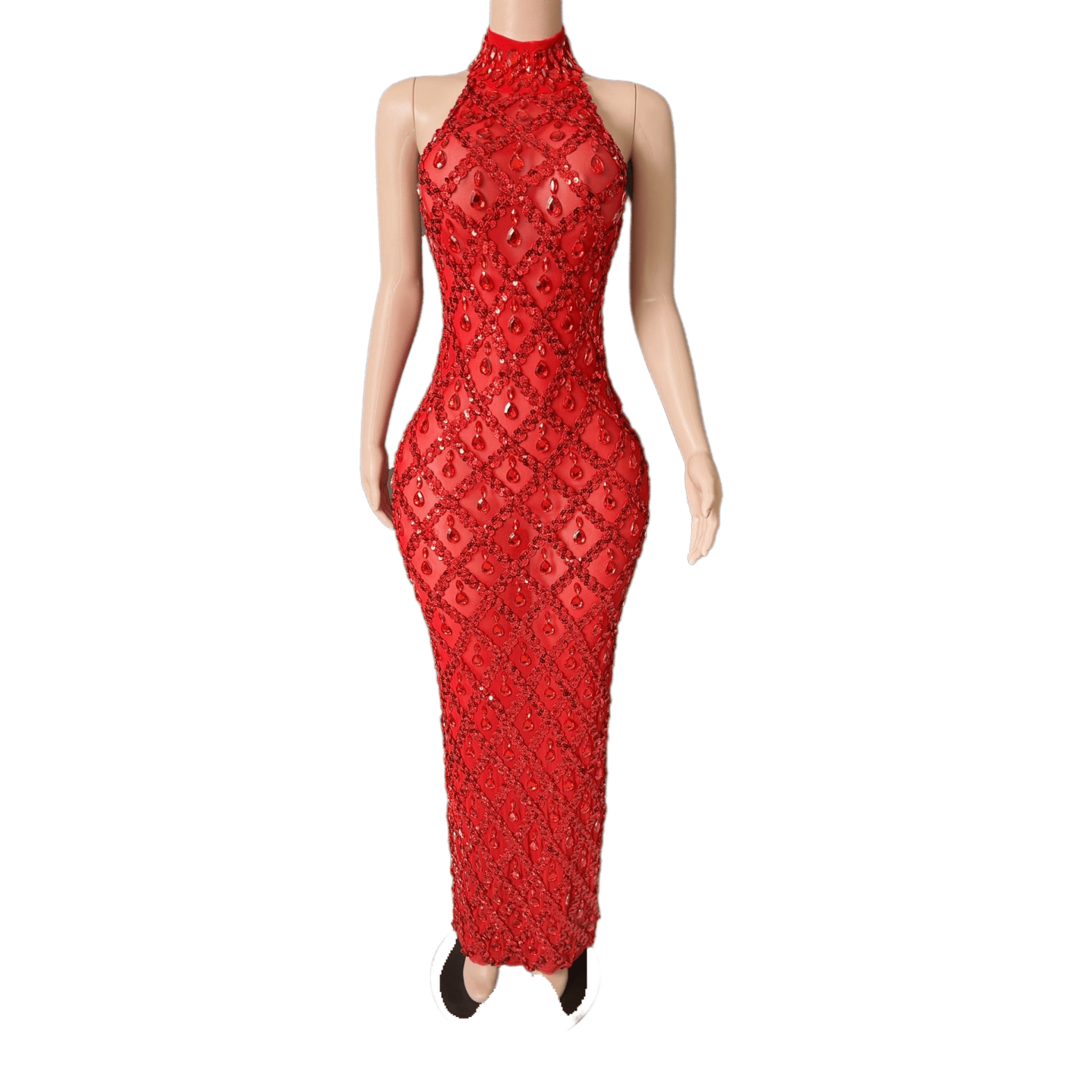 Sexy Black Long Rhinestone Mesh See-through Lattice Evening Gown for Party Cosplay - Halloweez