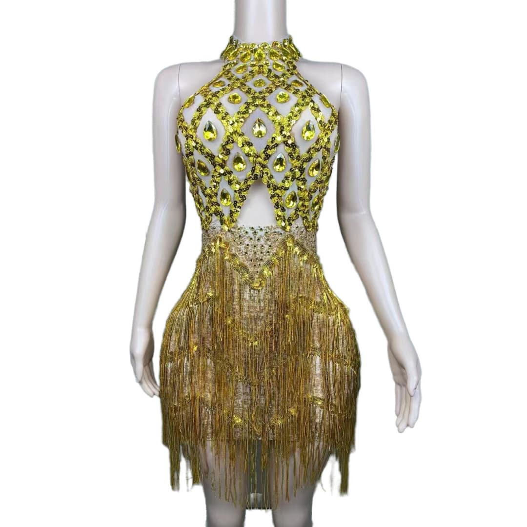 Rhinestone Mesh Hollow Sequin Fringe Dress - Silver Performance Costume for Party, Cosplay, Evening Gala - Halloweez