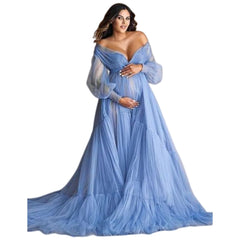 2025 Maternity Cosplay Mesh Dress Deep V See-through Photo Shoot Evening Gown High Waist Slimming Multi-color Options - Halloweez