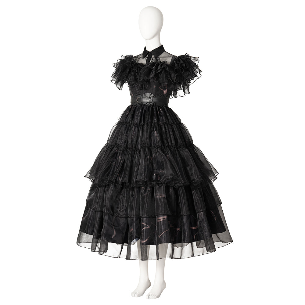 Halloweez Wednesday Addams Cosplay Costume - Black Gothic Dress with Shoes for Adults - Ideal for Halloween, Carnivals, and Themed Events
