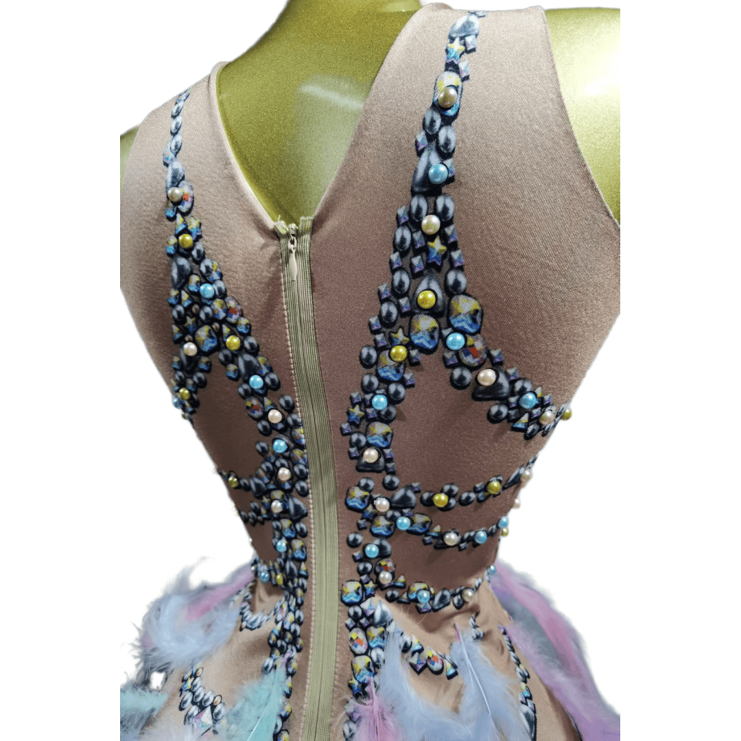 Colorful Feather Evening Gown Purple Party Dress with Pearls Rhinestones for Cosplay Halloween Costume - Halloweez