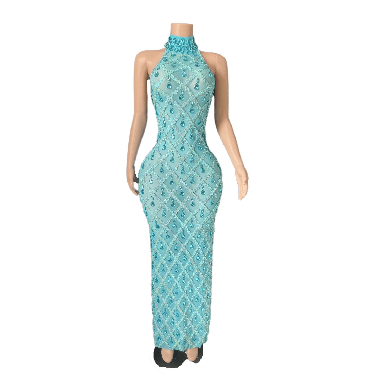 Sexy Black Long Rhinestone Mesh See-through Lattice Evening Gown for Party Cosplay - Halloweez