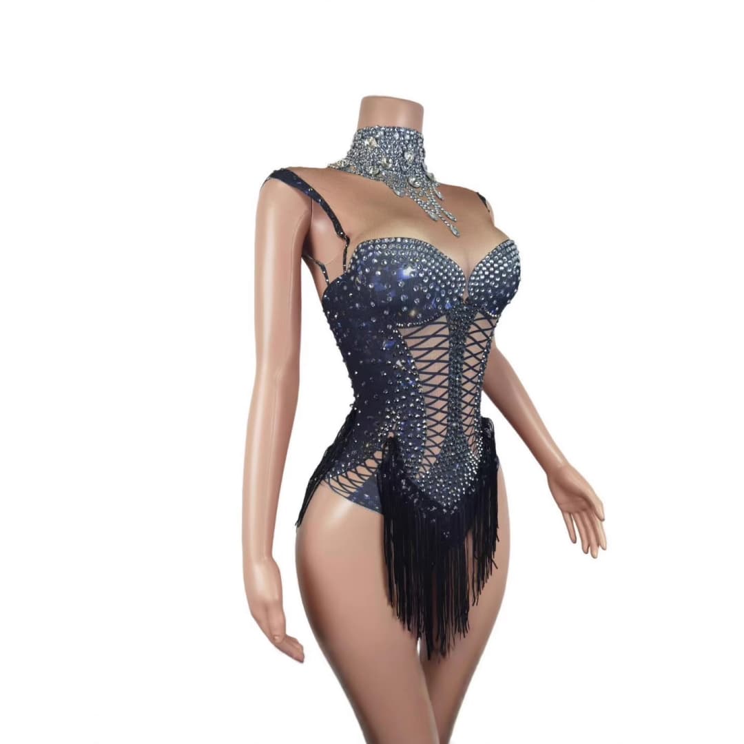 STOCK Singer Dance Rhinestone Elastic Pearl Black Bodysuit Performance Stage Costume Sexy Stage Outfit for Women - Halloweez