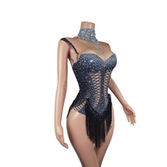 STOCK Singer Dance Rhinestone Elastic Pearl Black Bodysuit Performance Stage Costume Sexy Stage Outfit for Women - Halloweez