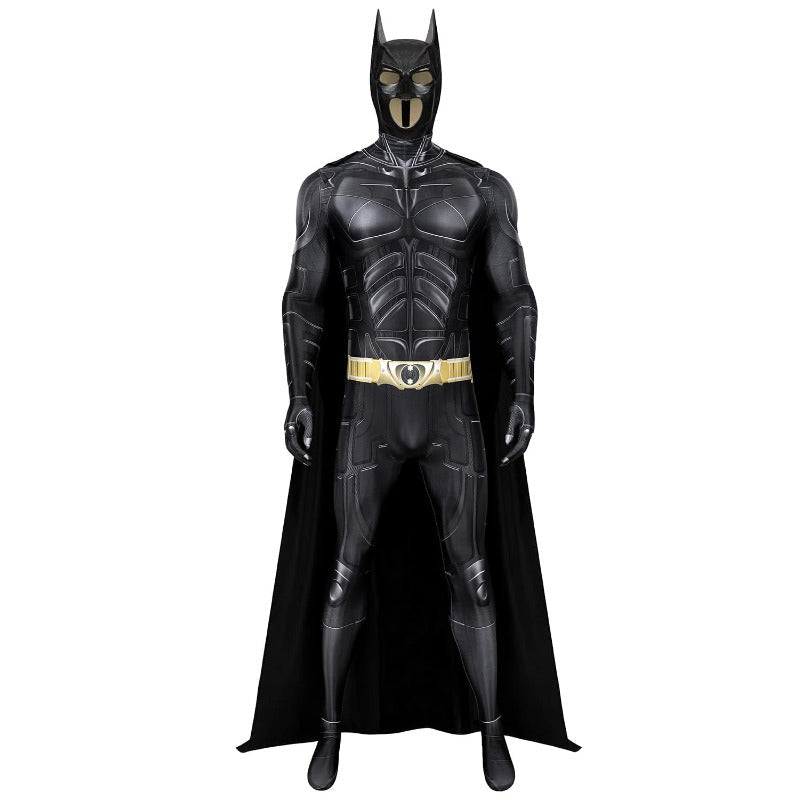 Halloweez Adult Men Dark Black Knight Jumpsuit Cloak Bat Mask Superhero Costume