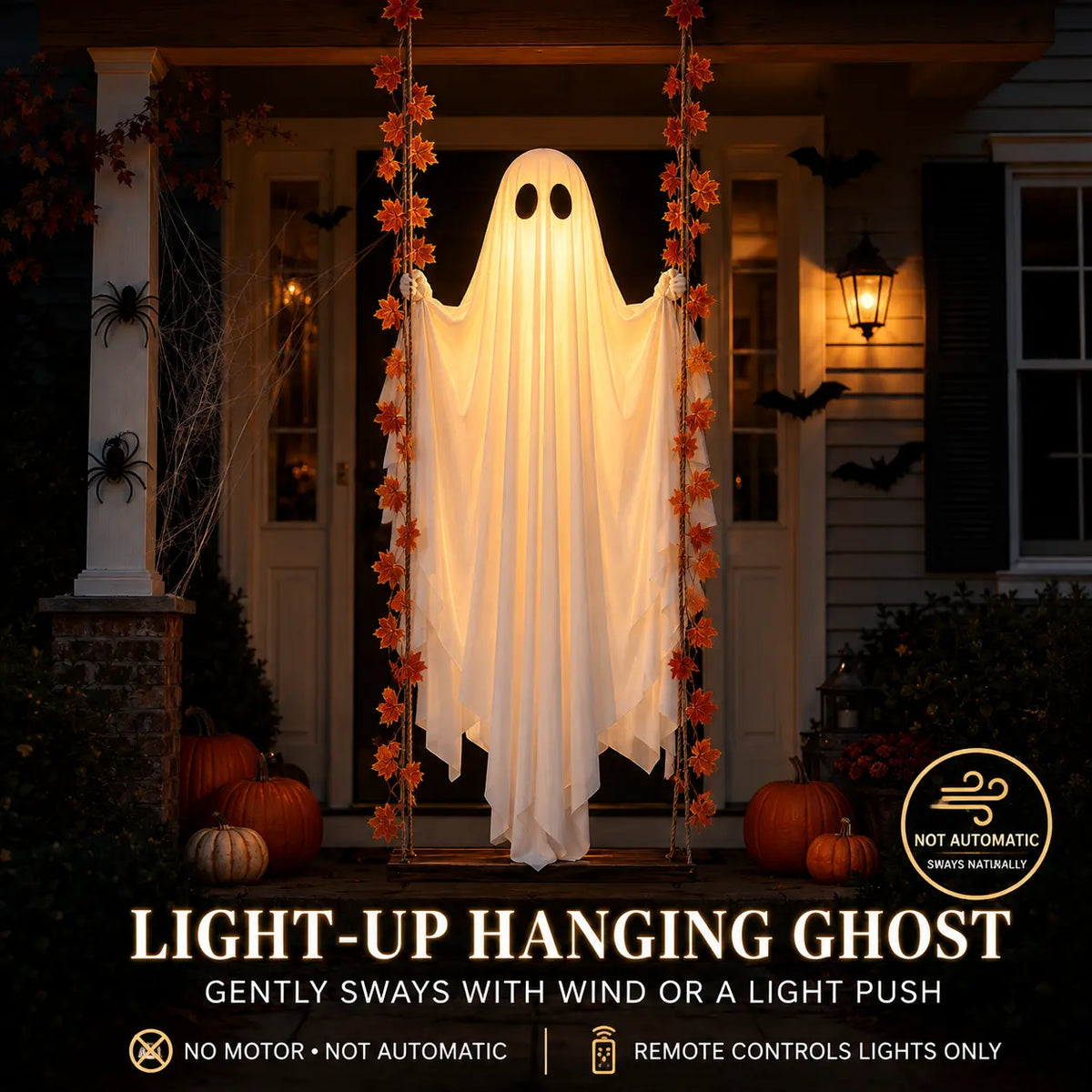 Spooky 1.2m LED Light-Up Swinging Ghost Halloween Decoration with Wooden Maple Leaf Garland, Remote Control, Hanging Outdoor Porch Decor for Yard, Tree & Party