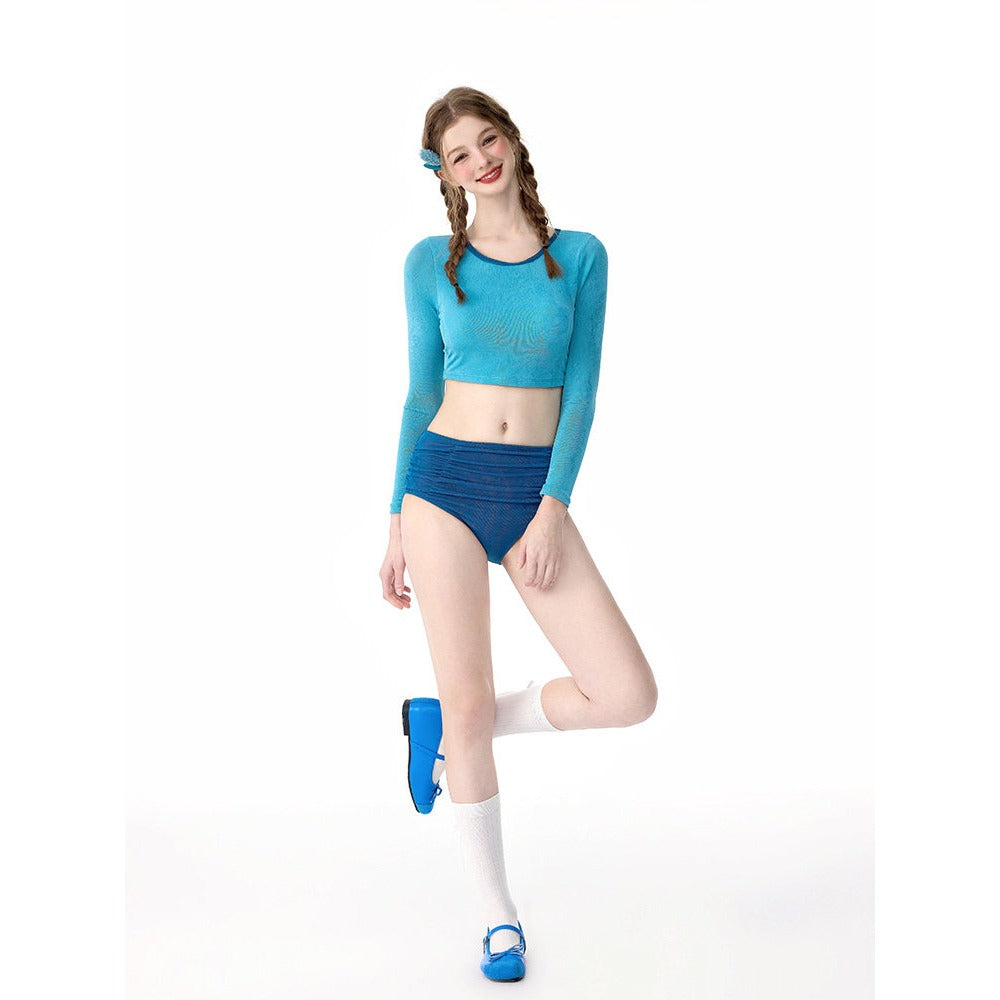 2026 New Rainbow Series Dopamine Women Swimsuit, Korean High-end Long Sleeve UV Protection Split High Waist Tankini Micro Bikini for Snorkeling Beach - Halloweez