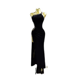 Elegant Black Slim Dress for Formal Events, Parties, Stage Performances, and Cosplay - Strap Style Bodycon Evening Gown - Halloweez
