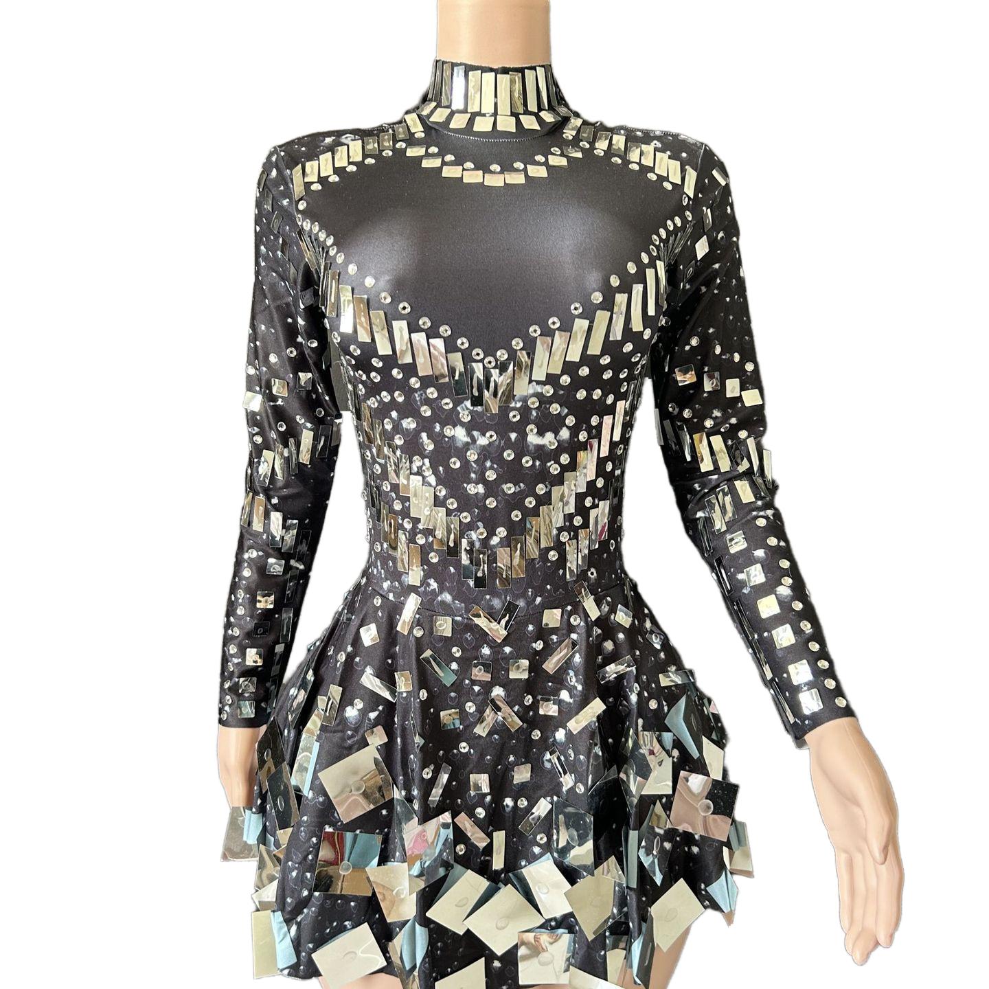 Nofans Spring Long Sleeve Slim A-Line Short Hem Diamond Lens Halter Backless Evening Gown Sexy Cosplay Dress - Halloweez