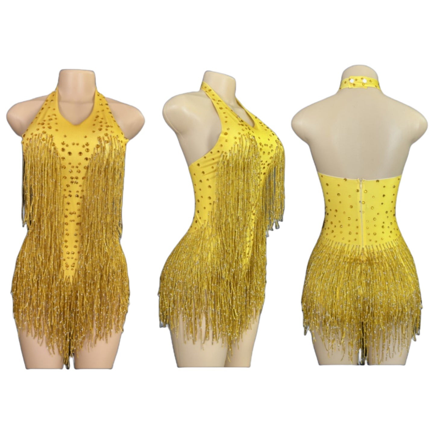 Latin Dance Halter Bodysuit with Fringe and Rhinestones - White Dance Performance Costume for Women - Halloweez