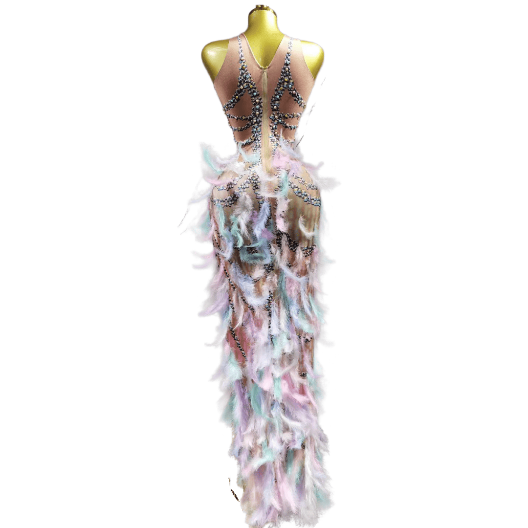 Colorful Feather Evening Gown Purple Party Dress with Pearls Rhinestones for Cosplay Halloween Costume - Halloweez