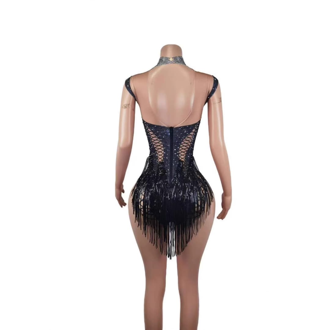 STOCK Singer Dance Rhinestone Elastic Pearl Black Bodysuit Performance Stage Costume Sexy Stage Outfit for Women - Halloweez