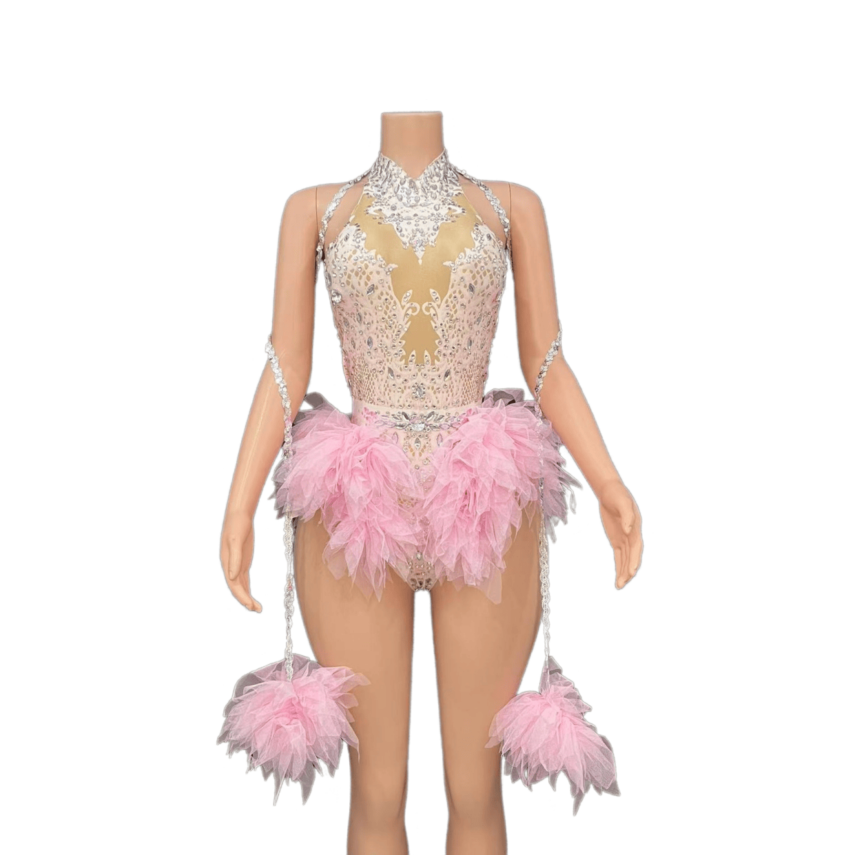 GC Singer Dance Shiny Diamond Stretchy Slim Pink Mesh Bodysuit Stage Performance Costume Women Flash Diamond - Light Green - Halloweez