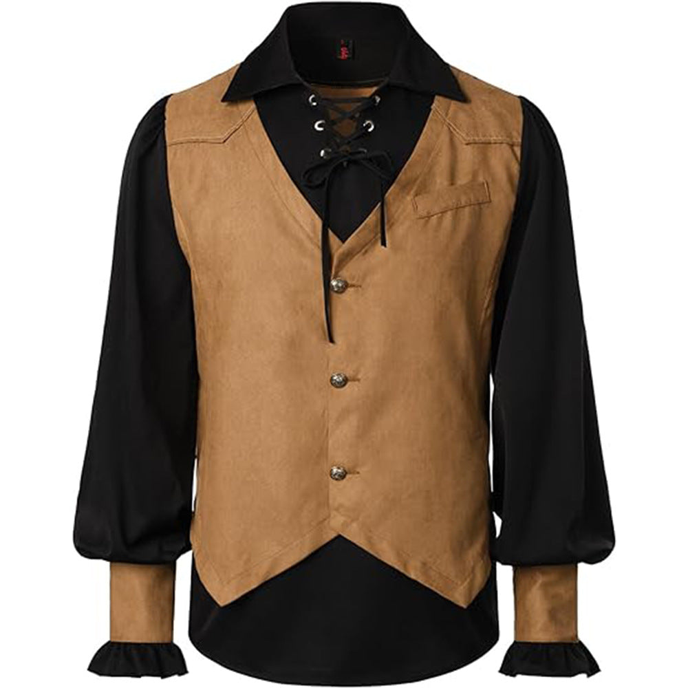 Medieval Pirate Victorian Steampunk Gothic Long Sleeve Vest Shirt Halloween Costume - Halloweez