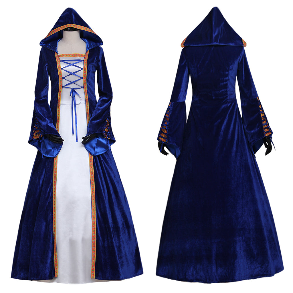 Elegante vestido retro medieval sureño para cosplay de Halloween para mujer: túnica noble con mangas acampanadas