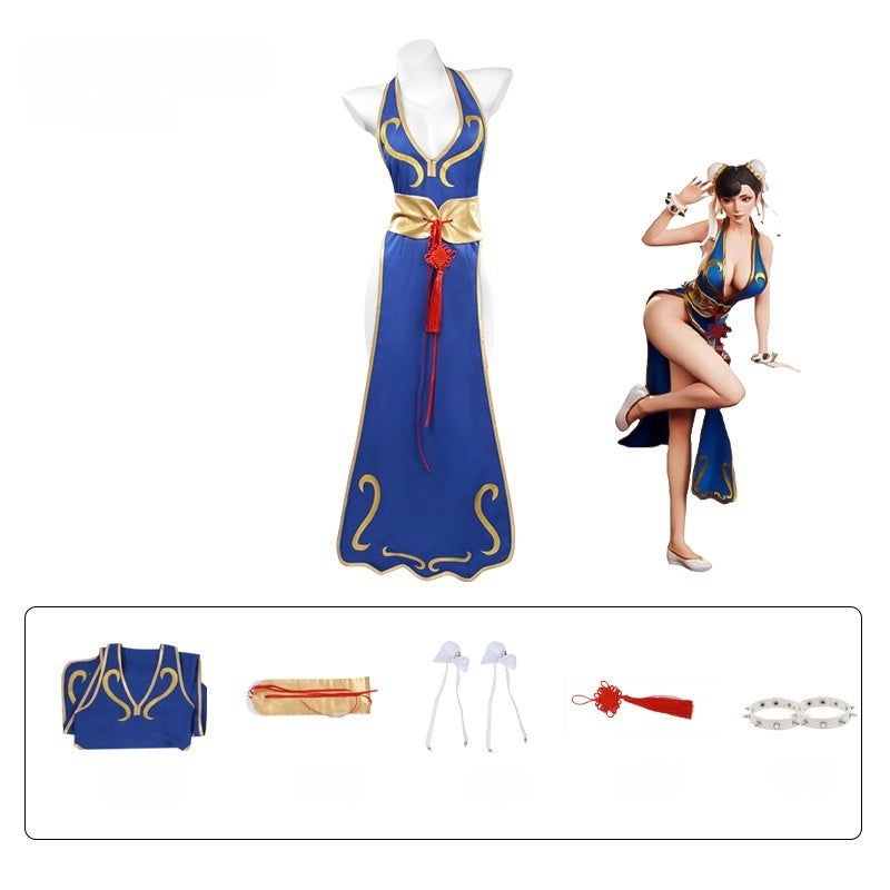 New Street Fighter Chun-Li Cosplay Costume Blue Cheongsam Lion Dance Performance Outfit for Halloween - Halloweez