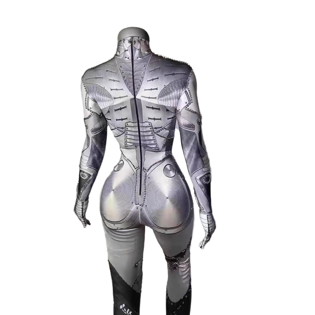 Techno Style Bodysuit Full Body Shiny Silver Go-Go Dance Costume for Women Club Performance Rave Party - Halloweez