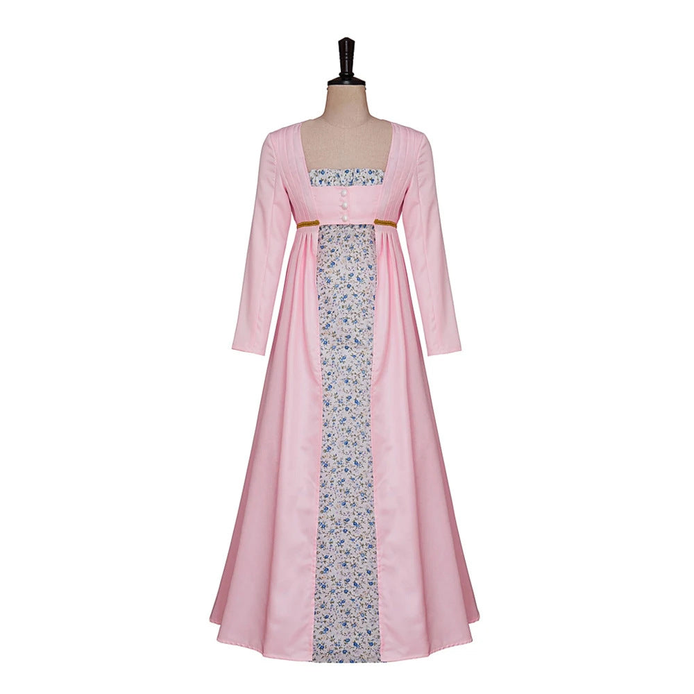 Halloween Victorian Dress Bridgerton Floral Pink Tea Party Regency Dress Two-piece Set - Halloweez